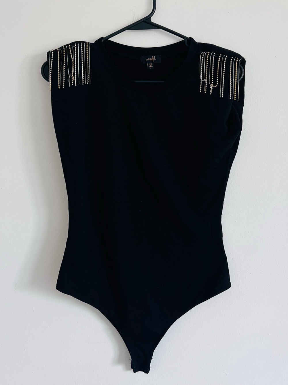 Y2K Black Rhinestone Fringe Bodysuit Glam Going Out Small